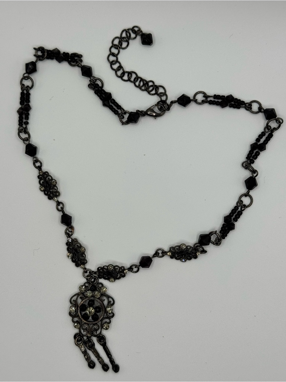 Vintage-Inspired Black Filigree Pendant Necklace 20”